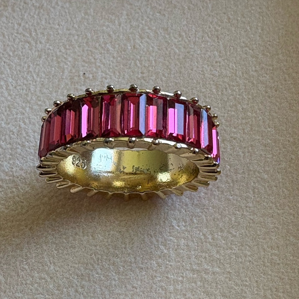 Gold Eternity Band Ring with Pink Baguette Stones marked 925 size 8